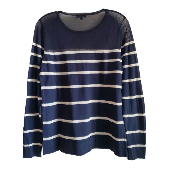 VINCE CAMUTO Women's M Sweater Black Gold Sheer Neckline & Shoulders Striped 36" - Picture 7 of 7